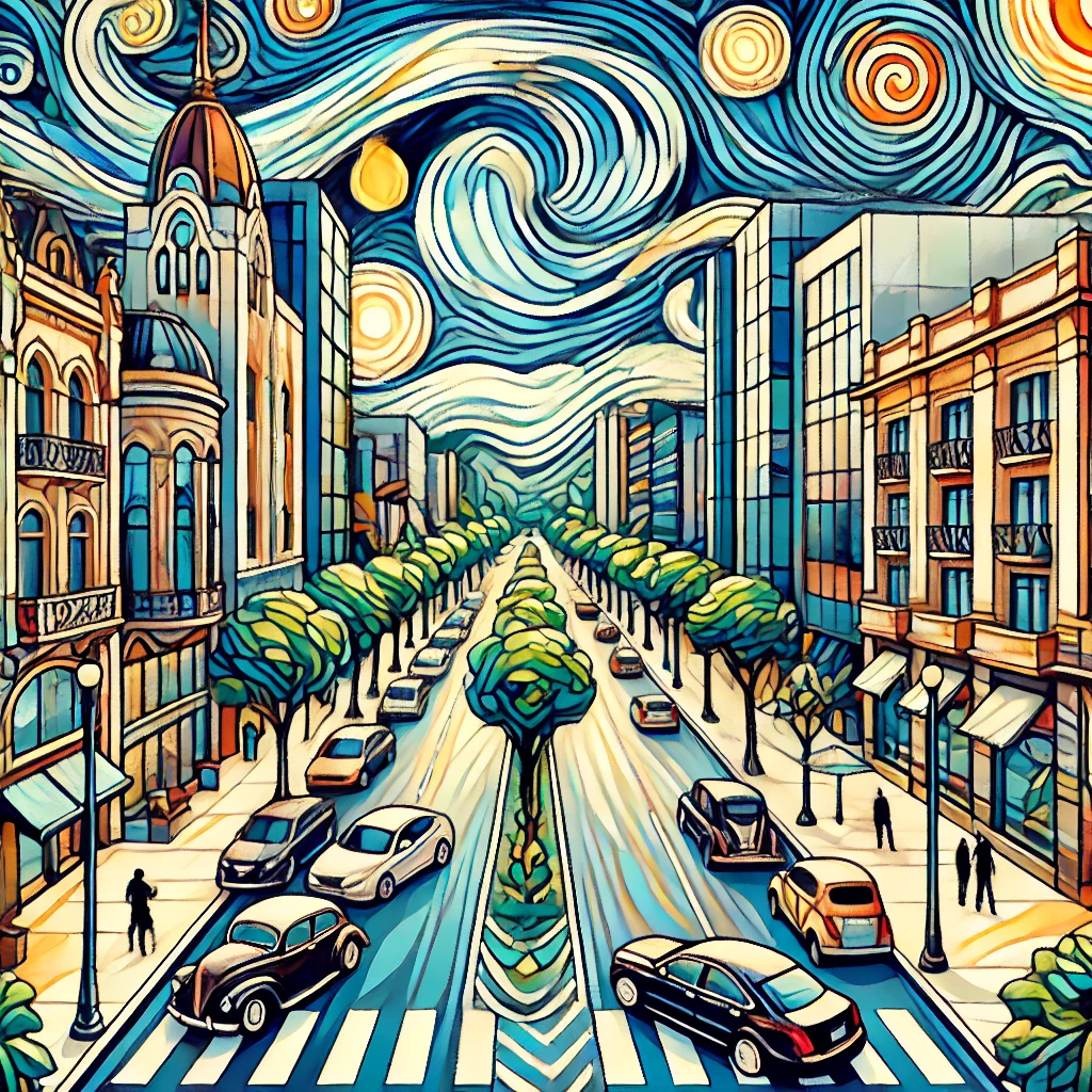 Tradução Juramentada Jardins. Ilustração mostrando uma alameda com prédios e automóveis.