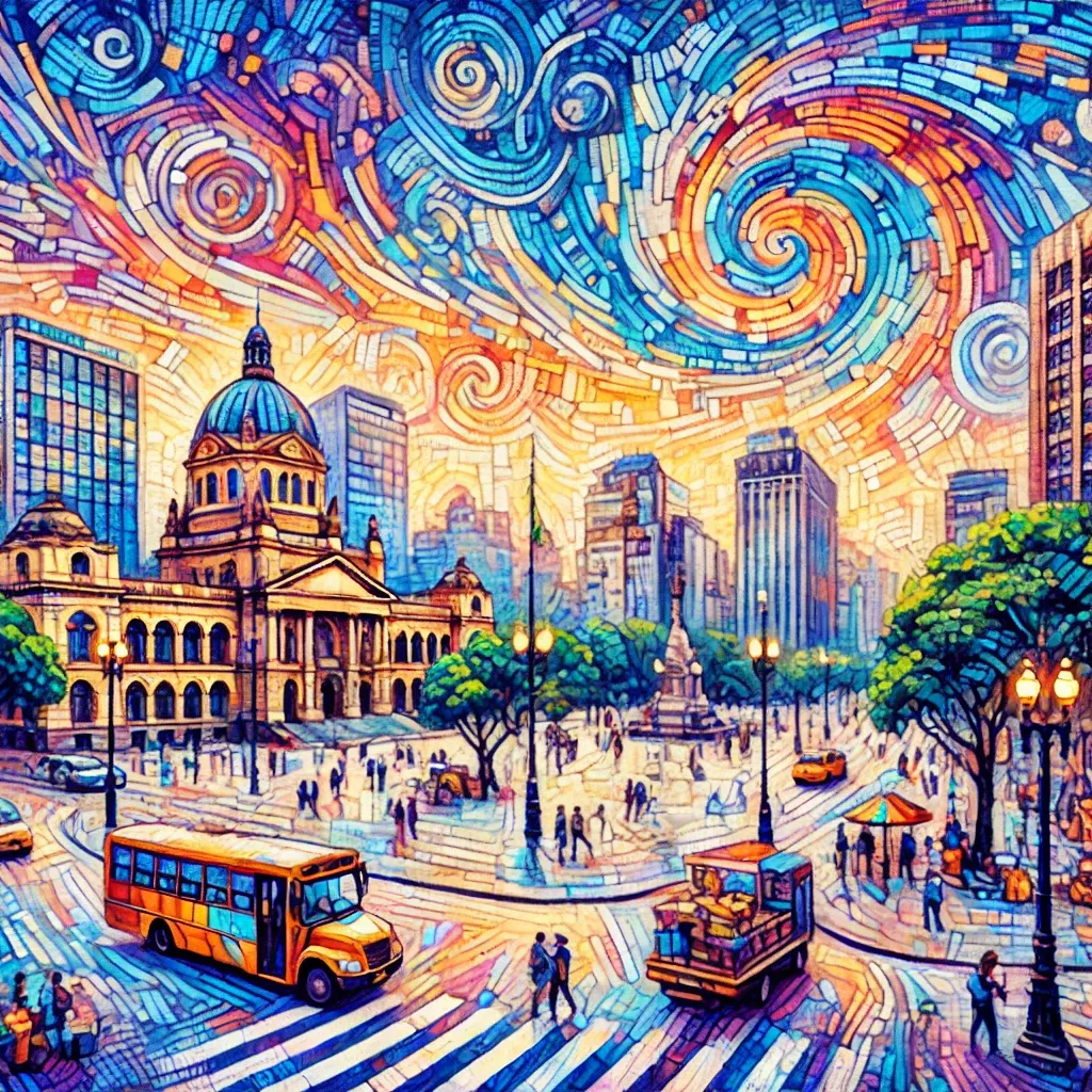 Tradução Juramentada na República. Ilustração mostrando praça central movimentada.