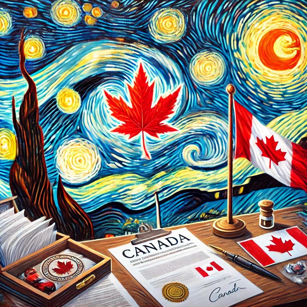Regras para Tradução de Documentos no Canadá. Ilustração com documento oficial em meio a bandeiras e símbolos canadenses.