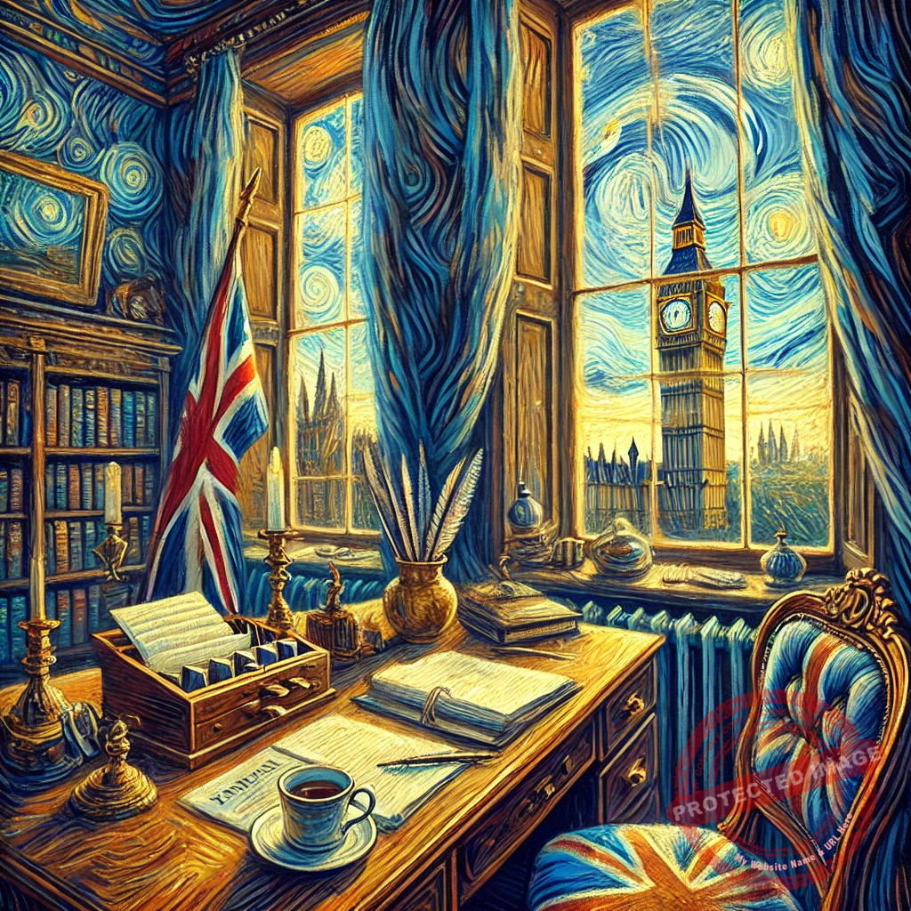 Regras para Tradução no Reino Unido. Ilustração com escrivaninha de trabalho, diários e instrumentos de escrita em um escritório com vista para o Big Ben em Londres. 